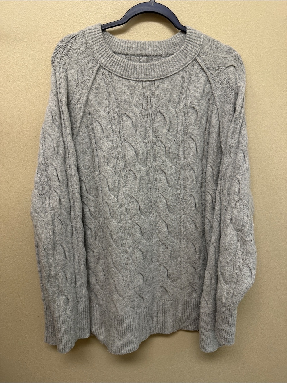 aerie Light Gray Cable-Knit Crewneck Sweater